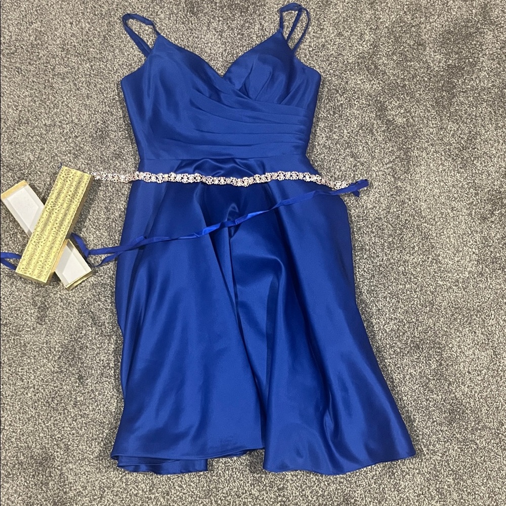 May Queen Royal Blue Satin Dress with Rhinestone Accent